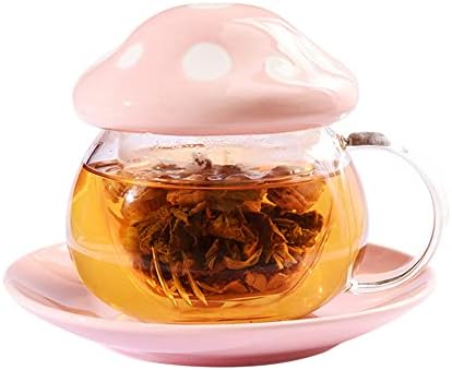 Glass Mushroom Shape Teacup Saucer Set Coffee Mug with Filter Cup by Mozacona