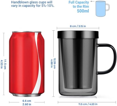 ecooe Black Glass Tea Mug with Stainless Steel Infuser and Lid 16.9oz - Image 2
