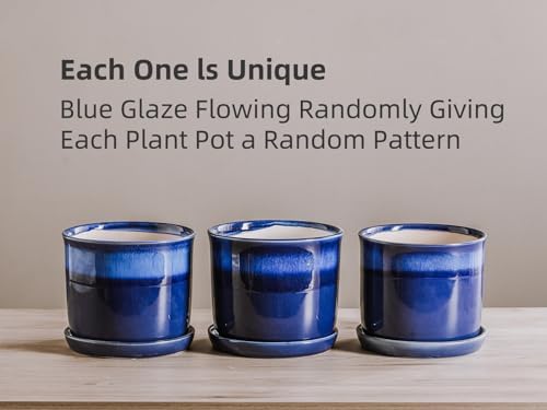 8 Inch Plant Pot: Ceramic Planter with Drainage Hole & Saucer for Indoor Outdoor Plants - Flowerpot with Bonded Tray for Home Office - Blue Reactive Glaze - Image 5