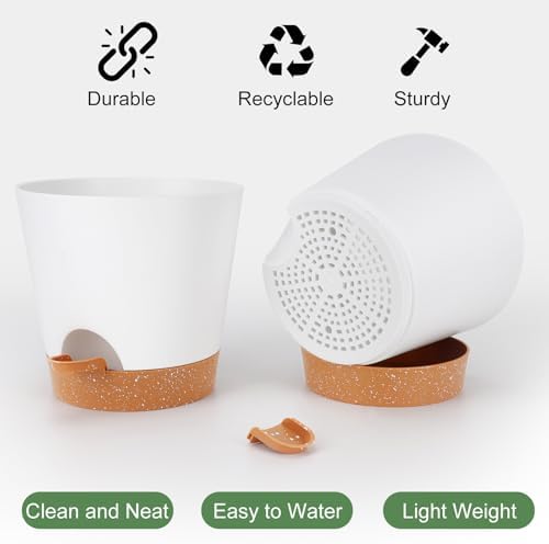 YNNICO 8-Inch Plant Pots, Self-Watering Planters with Drainage Holes & Saucers for Indoor and Outdoor Plants (2-Pack, White) - Image 3