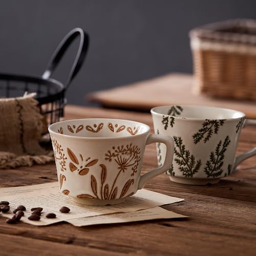 12oz Vintage Ceramic Coffee Mug Set of 2 - Handmade Stoneware Pottery Countryside Farmhouse Fall Autumn Tea Mugs with Big Handle for Latte,Cocoa,Dishwasher & Microwave Safe Cups (Plants) - Image 3