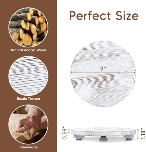 Small Round Decorative Tray White Washed Wood Bathroom Counter Organizer Pedestal Stand Farmhouse Kitchen Decor Wooden Riser for Soap Dish, Perfume, Candle, Sponge, 9" - Image 2