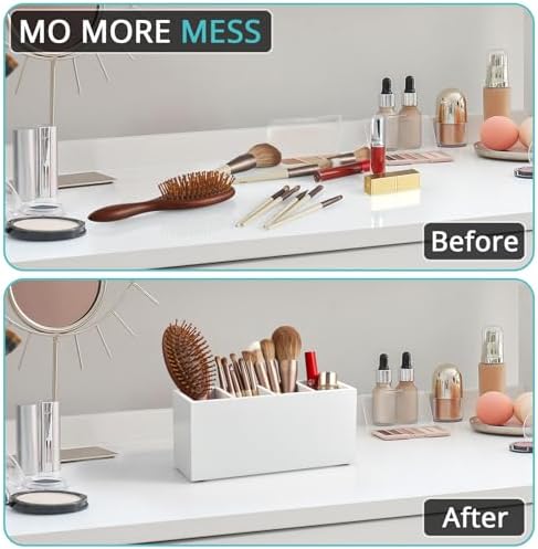 Bivvclaz Pencil Pen Holder for Desk, Wooden Office Desk Organizers and Accessories with 4 Slots for Countertop, Makeup Brush Holder Organizer for Bathroom Vanity, Silverware Caddy for Party, White - Image 3