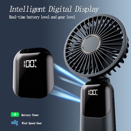 GOCKERA Portable Fan, 4200mAh Battery Operated Fan, 5 Speeds&Digital Display, Makeup Fans for Women with Base, 180°Foldable 3in1 Handheld/Neck/Desk Fan for Outdoor Indoor,Ultra Quiet (Black) - Image 4