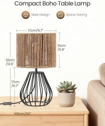 Rattan Table Lamp, Boho Table Lamp, Small Bedside Lamp, Handwoven Paper Lampshade, 2700K LED Bulb Included, Boho Desk Lamp, Modern Nightstand Lamp for Bedroom, Living Room, Striped SW06TL05 - Image 6