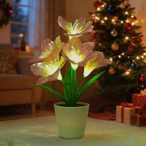 Artificial Pink Lily Flower Lamp, LED Light for Bedroom Bar Coffee Shop Wedding Decor, Gifts for Women Mom Daughter Grandma Girlfriend Coworker Friend Birthday Christmas Valentines Mothers Day by Hibeauti