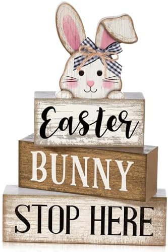 Moucuny 4 Pcs Easter Bunny Wood Signs Farmhouse Tiered Tray Table Decor by Moucuny