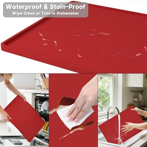 Rnivvi Silicone Coffee Mat, 16" x 24" Waterproof Raised Edge Coffee Bar Mats for Espresso Machine Station Accessories, Heat Resistant Detachable Dish Drying Pad for Kitchen Counter, Dish Rack, Red - Image 6