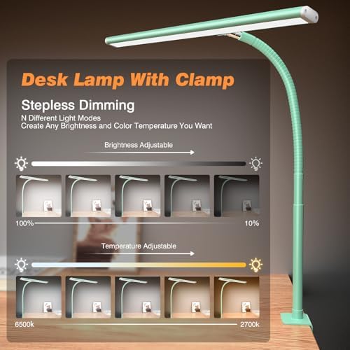 Airlonv LED Desk Lamp with Clamp, 17" Stepless Dimming Light, Mint Green - Image 2
