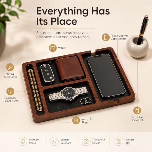 Desk Organizer Tray for Men with Ceramic Pen Holder, Wooden Valet Tray, Minimalist EDC Desk Organizer for Phone, Wallet, & Keys, Nightstand Bedside, Entryway, (Natural) - Image 3