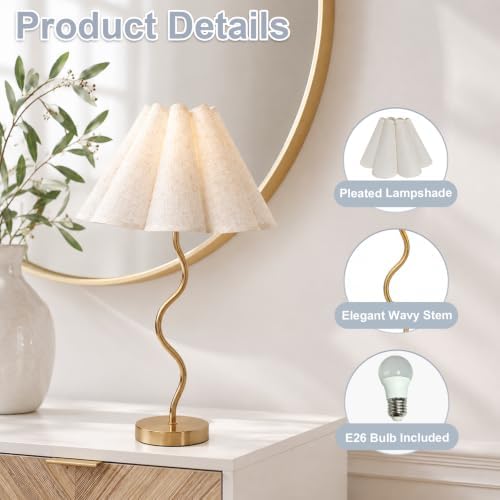 Gold Pleated Table Lamp, Modern Bedside Lamp with Wavy Scalloped Shade - Image 6