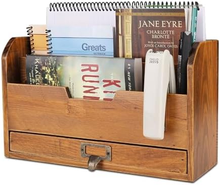 Flexzion 3 Tier Wooden Desk Organizer - Country Rustic Compartments Slot File Tray Pencil Sorter Shelf Holder Supplies Rack Accessories Set with Storage Drawer for Desktop Tabletop Office Home Brown by Flexzion