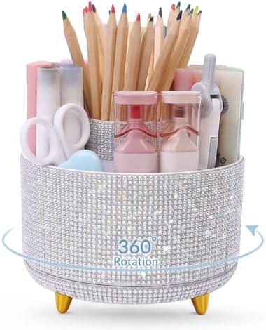 SKYDUE 360 Degree Rotating Desk Organizer, Shining Dual-Purpose Rhinestone Pencil Pen Holder, Rotating Desk Pen Organizer with 5 Slots, Rhinestone Pencil Cup for Office, School, Home by SKYDUE