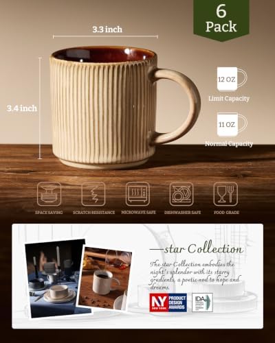 famiware Coffee Mug Set of 6, Star 12 oz Ceramic Mugs Cups Set with Handle - Image 6