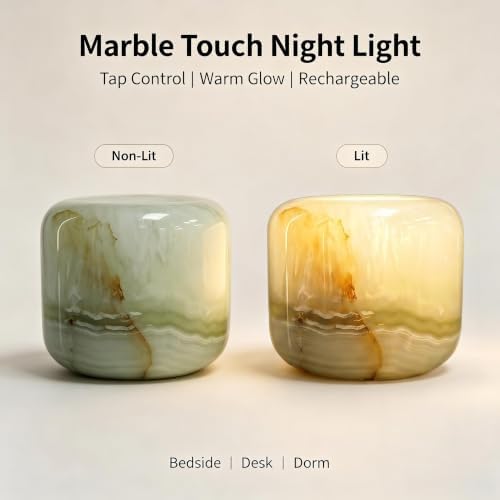 Natural Marble Lamp Cordless Touch Control Night Light 3-Way Dimmable Pat Light LED Ambient Glow Lamp Type-C Rechargeable Portable Stone Bedside Desk Lamp Zen Home Decor (Emerald Green) - Image 2
