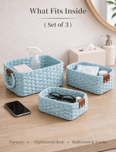 Small Wicker Baskets, 3 PCS Paper Rope Baskets for Shelves, Light - Image 3