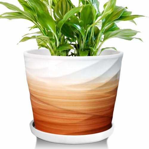 8 Inch Ceramic Plant Pot, Khaki + White by YUFDA
