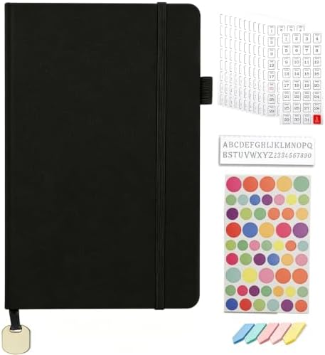 A5 Dotted Journal Starter Kit with Stencils and Stickers, Hardcover Dot Grid Notebook with 120 GSM Paper, Index Tabs and Date Stickers for Journaling, Study and Work,Black by Unknown