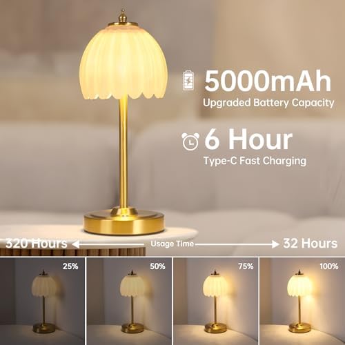 Shenmoyl Tulip Table Lamp with 5000mAh Battery & Touch Control, Cordless Table Lamp with 3 Colors, Dimmable Rechargeable Table Lamps for Bedroom, Nightstands, Living Room, Entryways (White Tulip) - Image 2