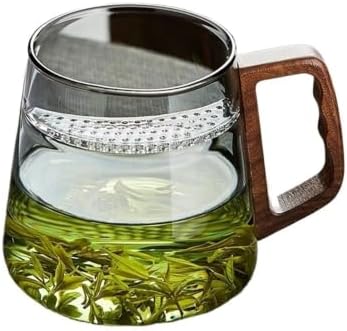 Glass Cup, Clear Borosilicate Glass Cup with Wood Handle, 18oz(Gray) by Unknown