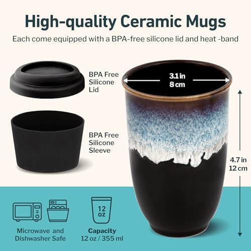 NOVA CERAMICS 12oz Travel Coffee Mug - Unique Microwave & Dishwasher Safe Tumbler With Lid - Gifts For Women & Men - Image 3
