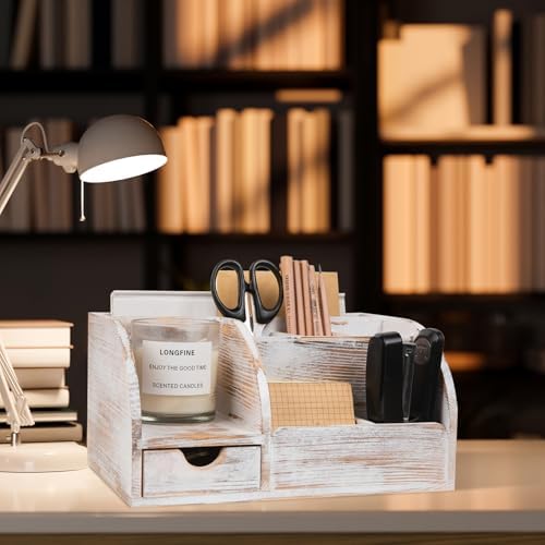 Office Desk Drawer Supply Organizer and Accessories, Wood Desk Organizer with 6 Compartments & 1 Drawer Binders Folder Papers Holder Pen Holder Office Desktop File Organizer (Washed white) - Image 5