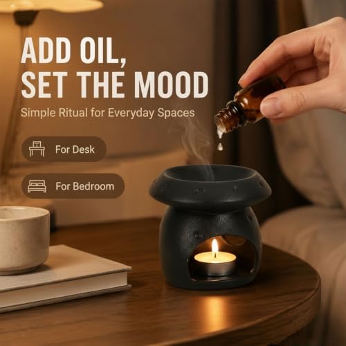Ceramic Essential Oil Burner, Mushroom Shaped Wax Melt Burner with Tealight Candle Holder, Black Scented Oil Warmer for Fragrance Wax Melts, Home Bedroom Bathroom Decor, 4.6 x 4.2 in - Image 3