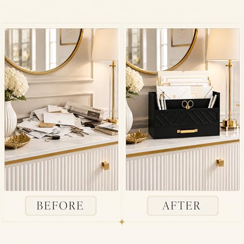 BLU MONACO | Wooden Mail Organizer with Drawer and Gold Handle | Mail Sorter Organizer Countertop for Desk | Outgoing Mail Holder and Letter Sorter for Desk Storage - Image 6