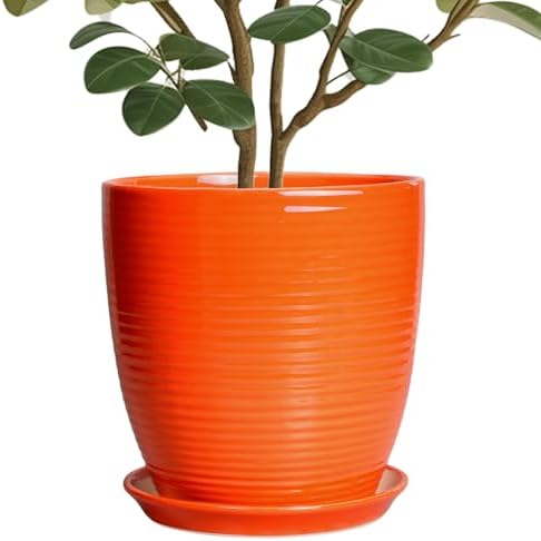 10 Inch Plant Pot, Ceramic Planters for Plants with Drainage and Saucer, Orange by EPFamily