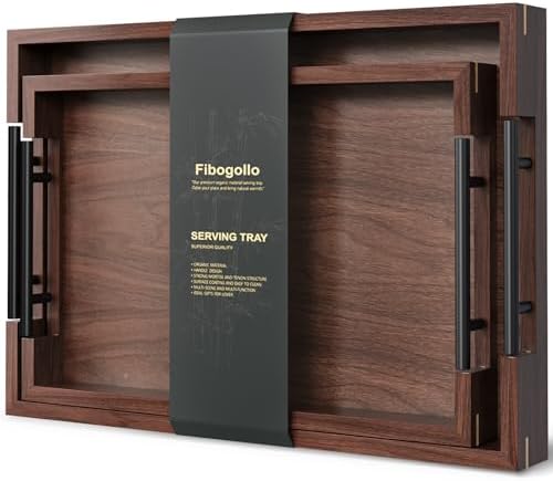 Fibogollo Set of 2 Walnut Wood Serving Trays with Metal Handles by Fibogollo