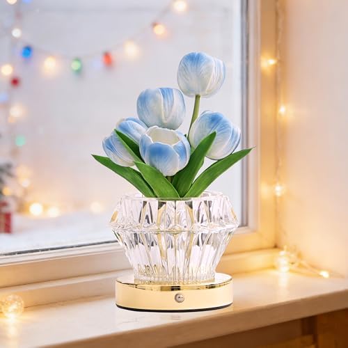 Blue Tulip Flower Lamp Diamond Vase Decor Gifts for Women by Hibeauti