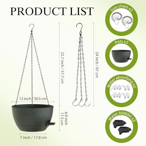 12 Inch Hanging Baskets 2 PC with Chains, Self-Watering Hanging Planters for Indoor Outdoor Plants, Plastic Hanging Flower Pots, Black with Green Speckles - Image 2