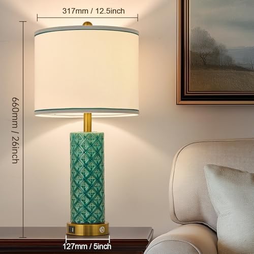 Set of 2 Table Lamp for Living Room Bedroom Farmhouse,26'' Touch Control Bedroom Turquoise Ceramic Lamps 3-Way Dimmable Bedside Lamps with USB A+C Ports Linen Shade for Home - Image 6
