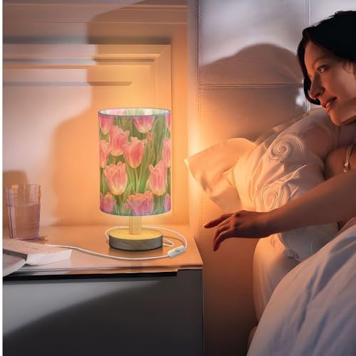Pink Tulip Flower with Green Leaves Bedside Table Lamps with USB Port for Bedroom Lamp Accent Table Lamp Small Nightstand Lamp Sturdy Linen Shade Wooden Decorative Lamps for Kids|Reading|Dorm|Home - Image 7
