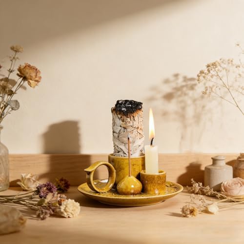 4 in 1 Ceramic Incense Burner Holder with Handle for Burning Sage, Palo Santo Stick, Joss Sticks, Candle in Your New House, Office, Yoga, Meditation Room (Yellow) - Image 5