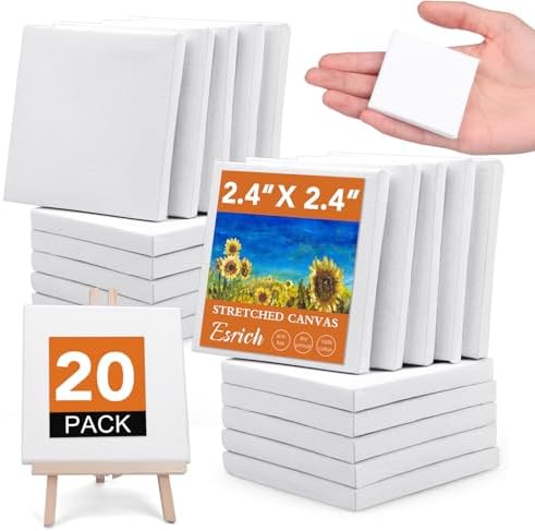 ESRICH Mini Stretched Canvas 20Pack 2.4x2.4inch, 2/5''Profile Art Primed Canvases for Painting, Cotton Small Professional Stretched Canvas for Kids and Art Supplies. by ESRICH
