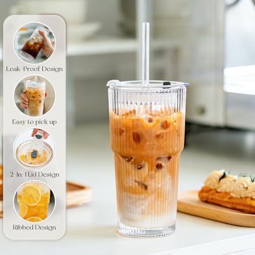 KEMORELA 20oz Ribbed Glass Tumblers with Lids and Straws,Iced Coffee Cups - Image 4