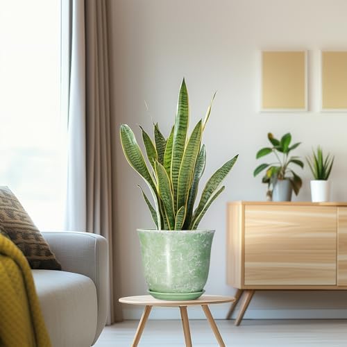 Ceramic Planter - 8 Inch Plant Pot for Indoor Outdoor, Round Flower Pots with Drainage Hole and Saucer, Modern Decorative Planters, Home Office Desk Decor, Gifts for Plant Lovers, Green - Image 5