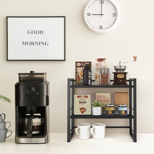 Office Desk Shelf Organizer, Wood Desktop Bookshelf Supplies Storage Rack, Shelf for Top of Desk and Dresser (Pure Black-2 Tier) - Image 4