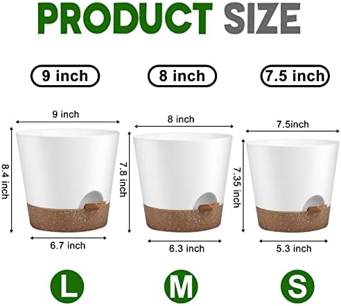 YNNICO Indoor Outdoor Plant Pots- Self Watering Planters with Drainage Holes and Saucers, 9,8, 7.5 Inches, 3 Pots (Snow) - Image 2