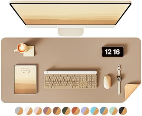 YSAGi Double-Sided Desk Pad, 35.4"x17"Leather Desk Mat, Eco Cork Desk Pad Protector,Large Mouse Pad,Waterproof Desk Blotter for Office/Home(Apricot) by YSAGi