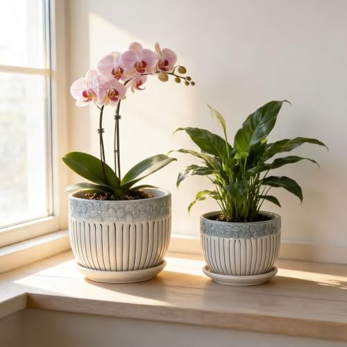 Vintage Flower Pots for Indoor Plant, Round Ceramic Plant Pots with Drainage Holes and Saucers, 6.7/5.2/3.9 Inches Retro Flower Planters Set of 3 - Image 2