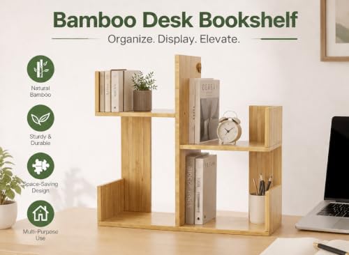 Modern 2-Tier Desk Bookshelf, Short Book Organizer, Display Shelf & Desktop Storage Rack, Space-Saving Desk Bookshelf for Books, Decor & Small Items, Natural - Image 3