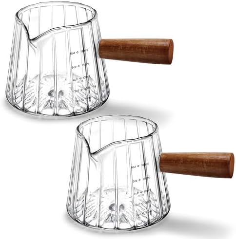 2 PCS Espresso Measuring Cup 6 Oz, Espresso Glass Cups with Wood Handle, Milk Frothing Cup, Espresso Cup for Coffee, Milk, Tea or Maple Syrup Serving by Unknown