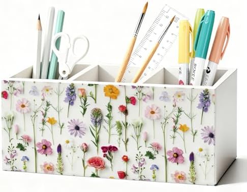Floral Pen Pencil Holder for Desk Accessories, Cottagecore Colorful Wildflower Botanical Wooden Box Sign Decorations for Girls Room Bedroom Dorm Home Office Desk Tabletop by Unknown