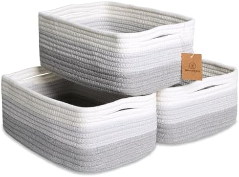 NaturalCozy 11.8"x8"x4.5” Rectangle Storage Baskets for Shelves 3 Pack | Cotton Rope Woven Small Baskets for Organizing | Small Storage Bins for Nursery, Bathroom, Closet, Shelf, Decorative, Gift by NaturalCozy
