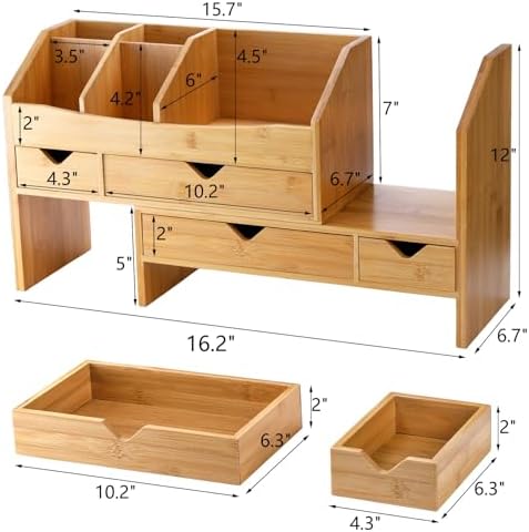 Lawei Bamboo Desk Organizer with Adjustable File Holder, Mini Desk Drawer Tabletop Organization Box with 4 Drawers for Makeup, Letter, Pens, Home Office Supplies, Vanity, 3 Layer, Fully Assembled - Image 3