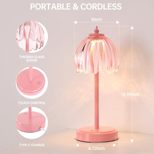 Shenmoyl Rechargeable Table Lamp with 5200mAh Battery & Touch Control - 3 Adjustable Color Temperatures, Cordless Dimmable Table Light for Bedroom, Office Desk, Nightstand (Clear Pink,Pink Base) - Image 6