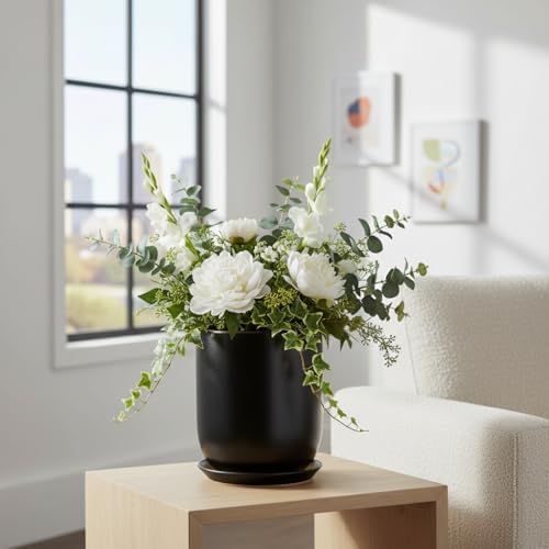 Ceramic Planter 8 Inch - Plant Pot for Indoor Outdoor Plants Cylinder Flower Pot with Drainage Hole and Saucer Black - Image 5