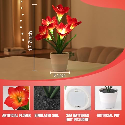 Artificial Red Amaryllis Flower Lamp Night Light for Bedroom Bar Coffee Shop Wedding Decor, Gifts for Women Mom Daughter Grandma Aunt Girlfriend Friend Birthday Christmas Valentines Mothers Day - Image 3